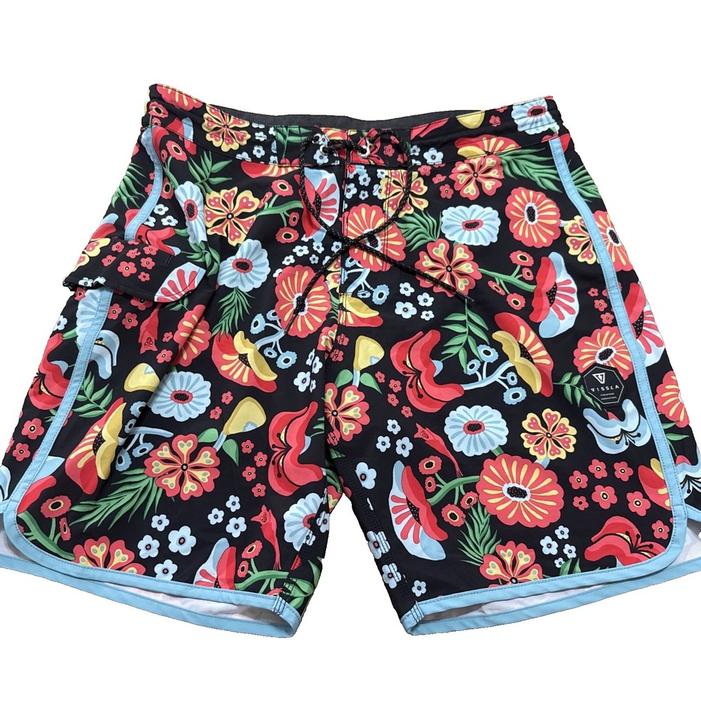 Vissla Men Colorful Poppy Blue Trim Stretch Boardshorts Trunks 34 EUC